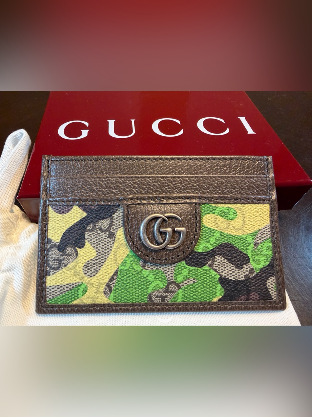 New Authentic Gucci GG Supreme Logo Card Case Wallet Brown Green Leather - Picture 2 of 9